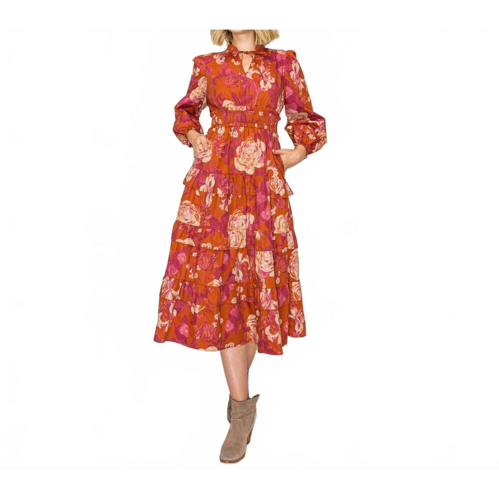 NEW LOVE WEDNESDAY rustic rose print midi dress in red